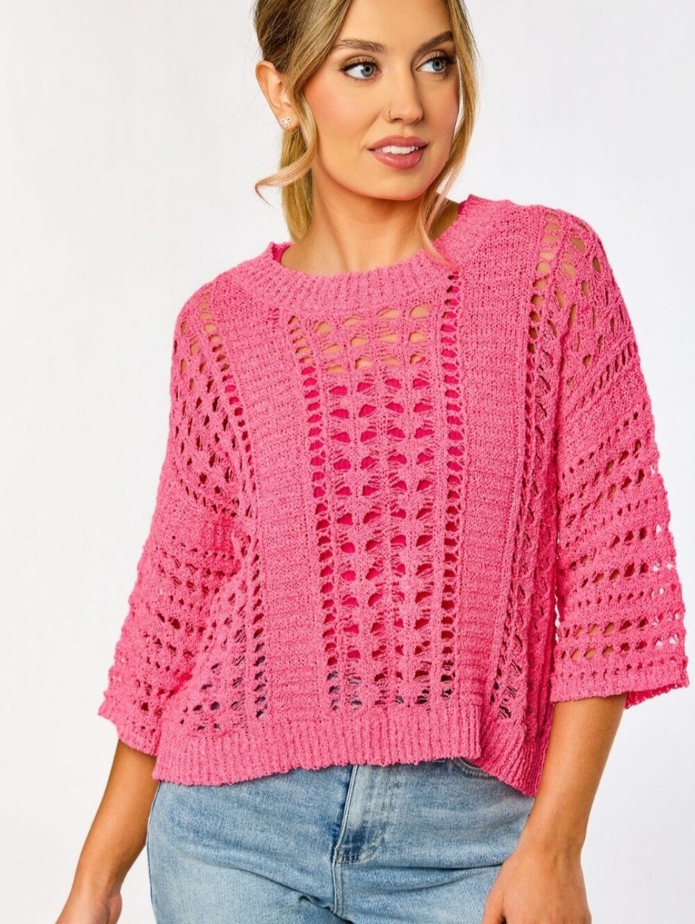 Eclipse Open-Weave Coral Pink Crewneck Sweater